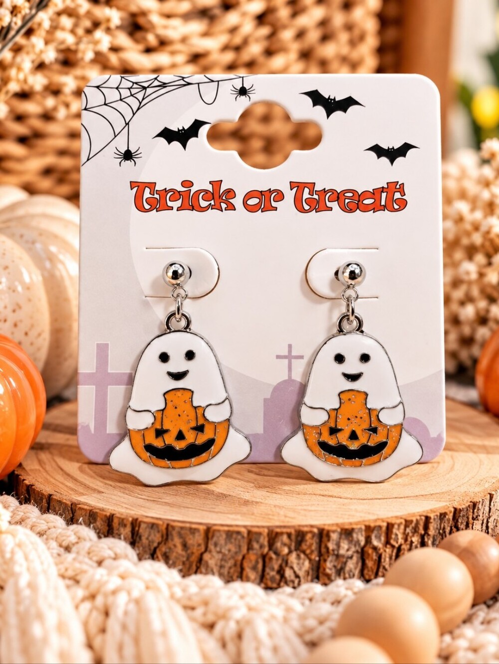 Halloween Ghost Pumpkin Dangle Earrings - White & Orange